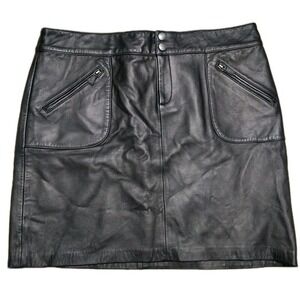 Lauren Ralph Lauren Black Leather Skirt Woman's Size 14 Lined Zip Pockets Snap
